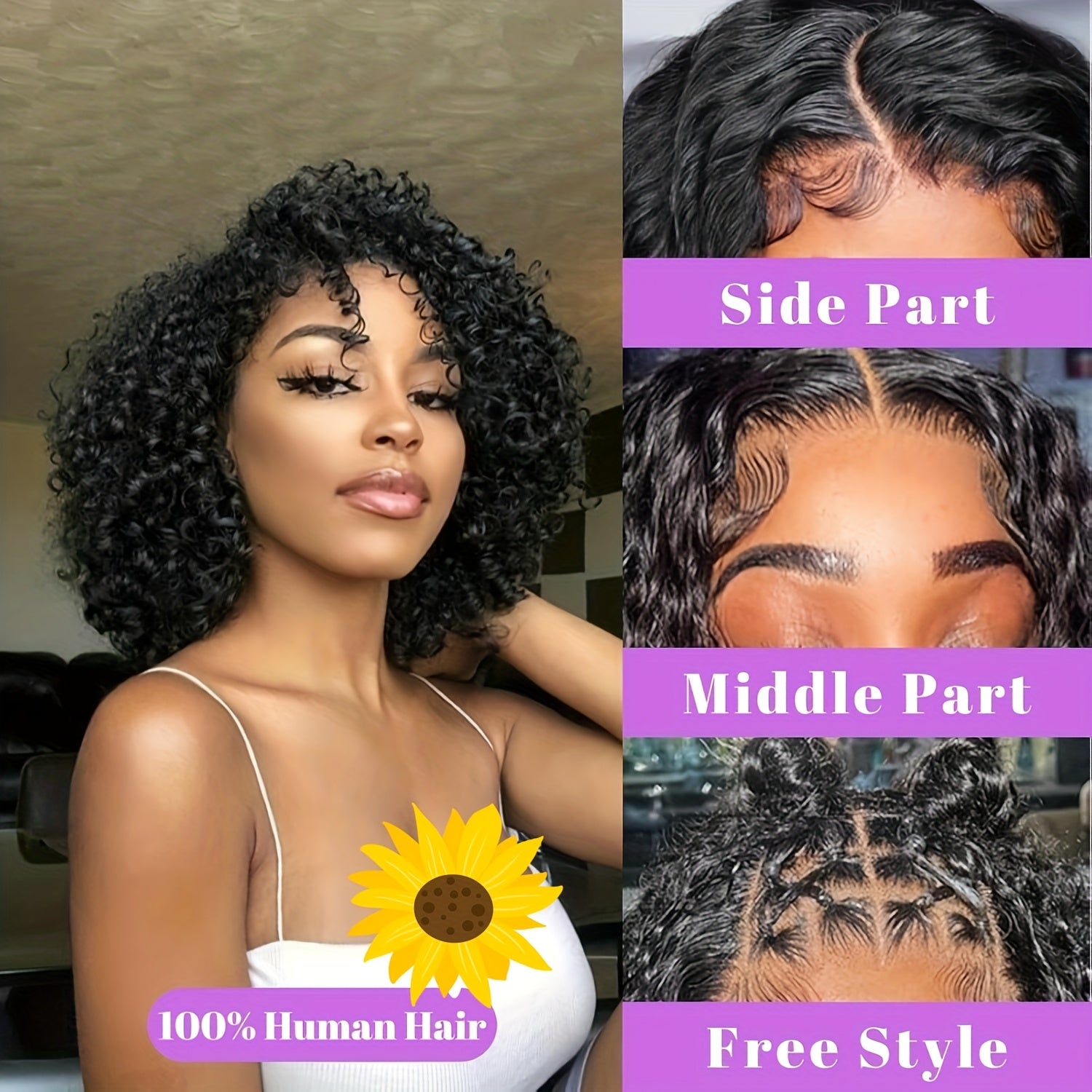 4x4 Put On And Go Glueless Bob Wig Human Hair Curly For Women Kinky Curly Lace Front Wig Human Hair Pre Plucked Pre Cut Lace Ready To Wear 180% Density Natural Black